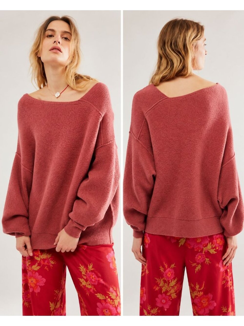 Free People Slouchy Ribbed Knit Oversized Ottoman Marsala Sweater Medium
